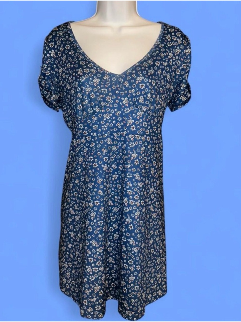 Navy Ditsy Floral Mini Dress V Neck Puff Sleeve Cottagecore Summer Vacation